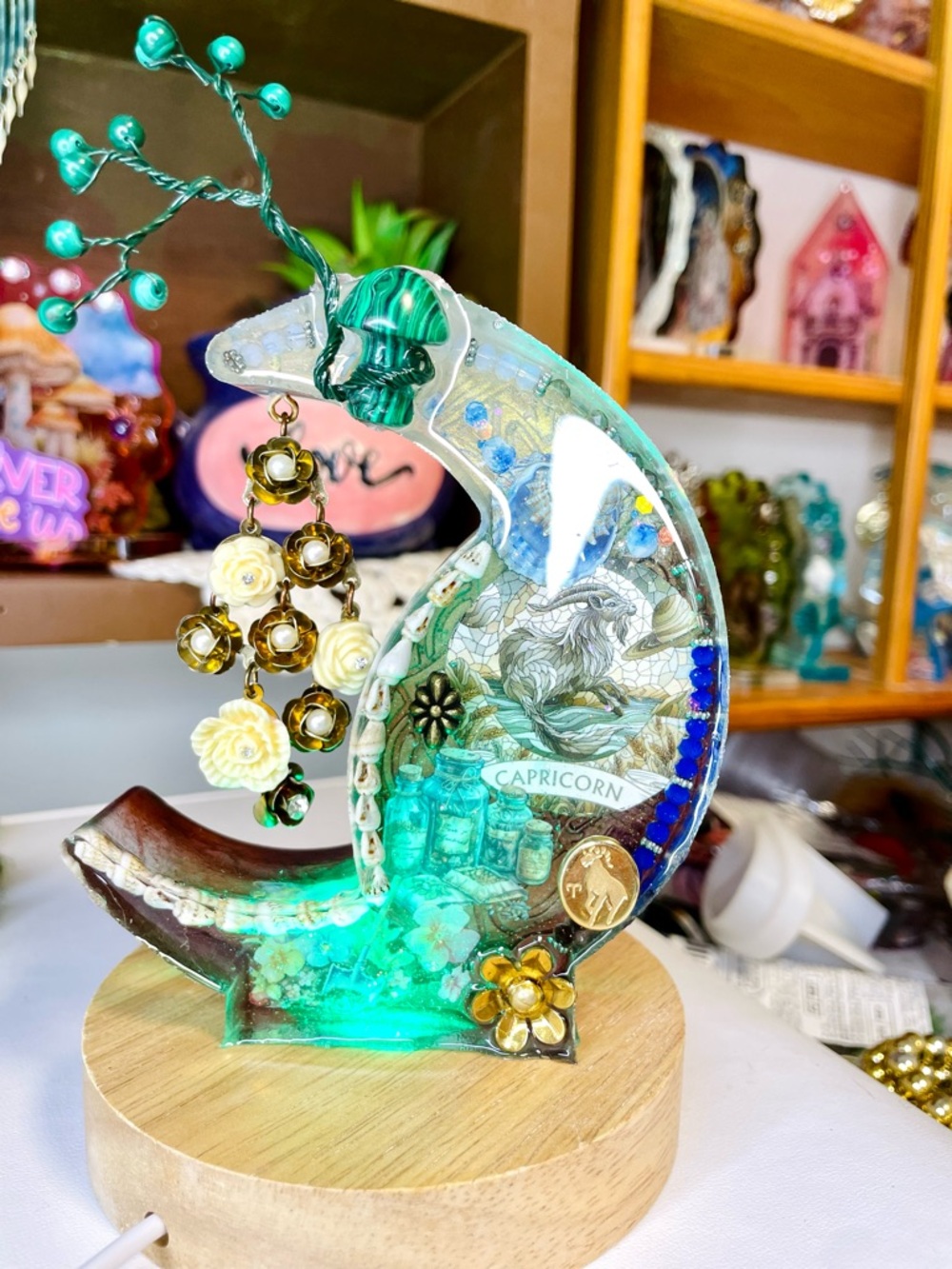 Capricorn Zodiac Mixed Media Crescent Art Moon - Picture 4 of 6